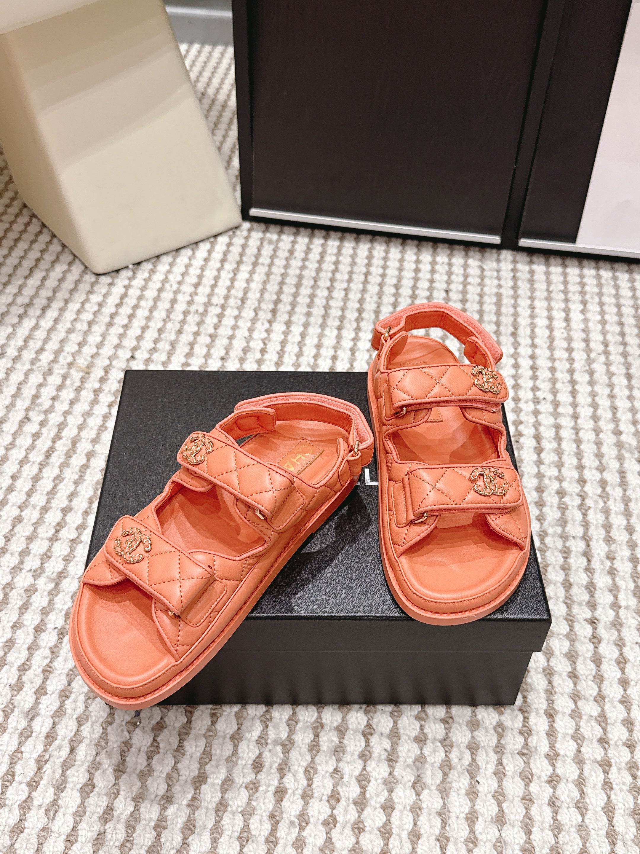 CHANEL 26S QUILTED DAD SANDALS IN ORANGE CALFSKIN