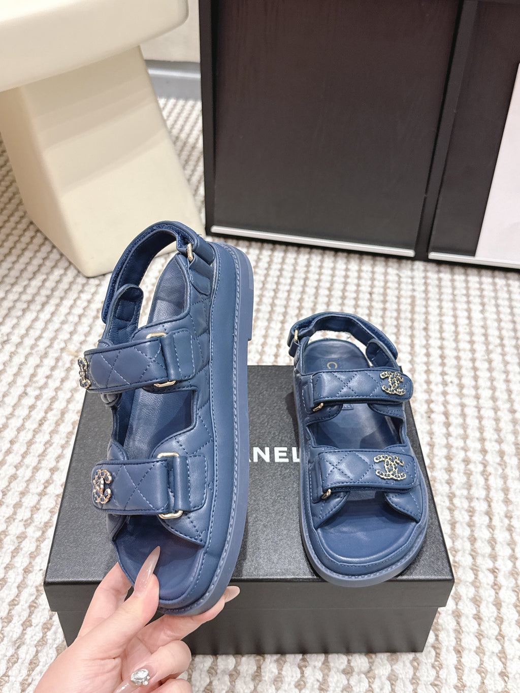 CHANEL 26S QUILTED DAD SANDALS IN SLATE BLUE CALFSKIN