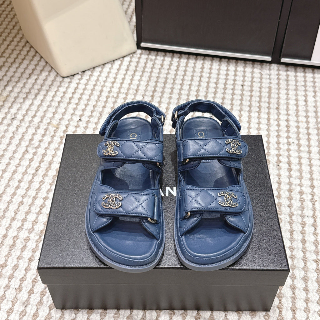 CHANEL 26S QUILTED DAD SANDALS IN SLATE BLUE CALFSKIN