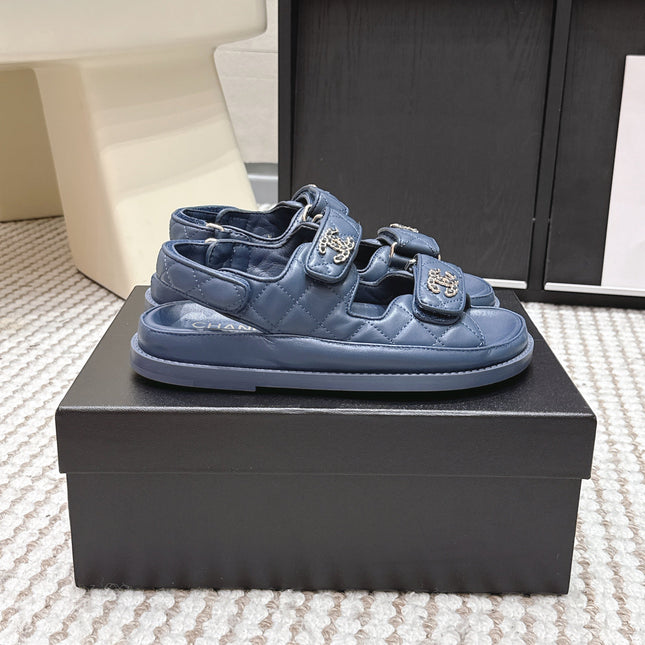 CHANEL 26S QUILTED DAD SANDALS IN SLATE BLUE CALFSKIN