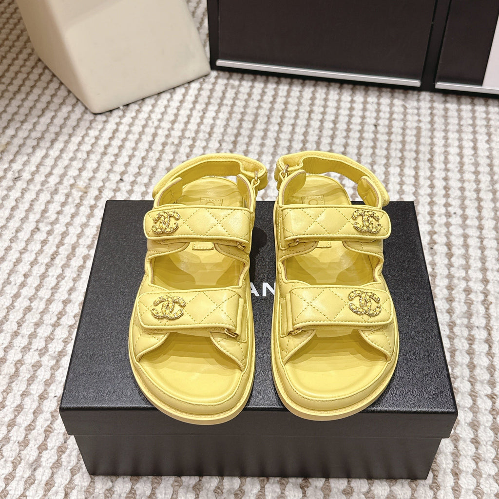 CHANEL 26S QUILTED DAD SANDALS IN YELLOW CALFSKIN