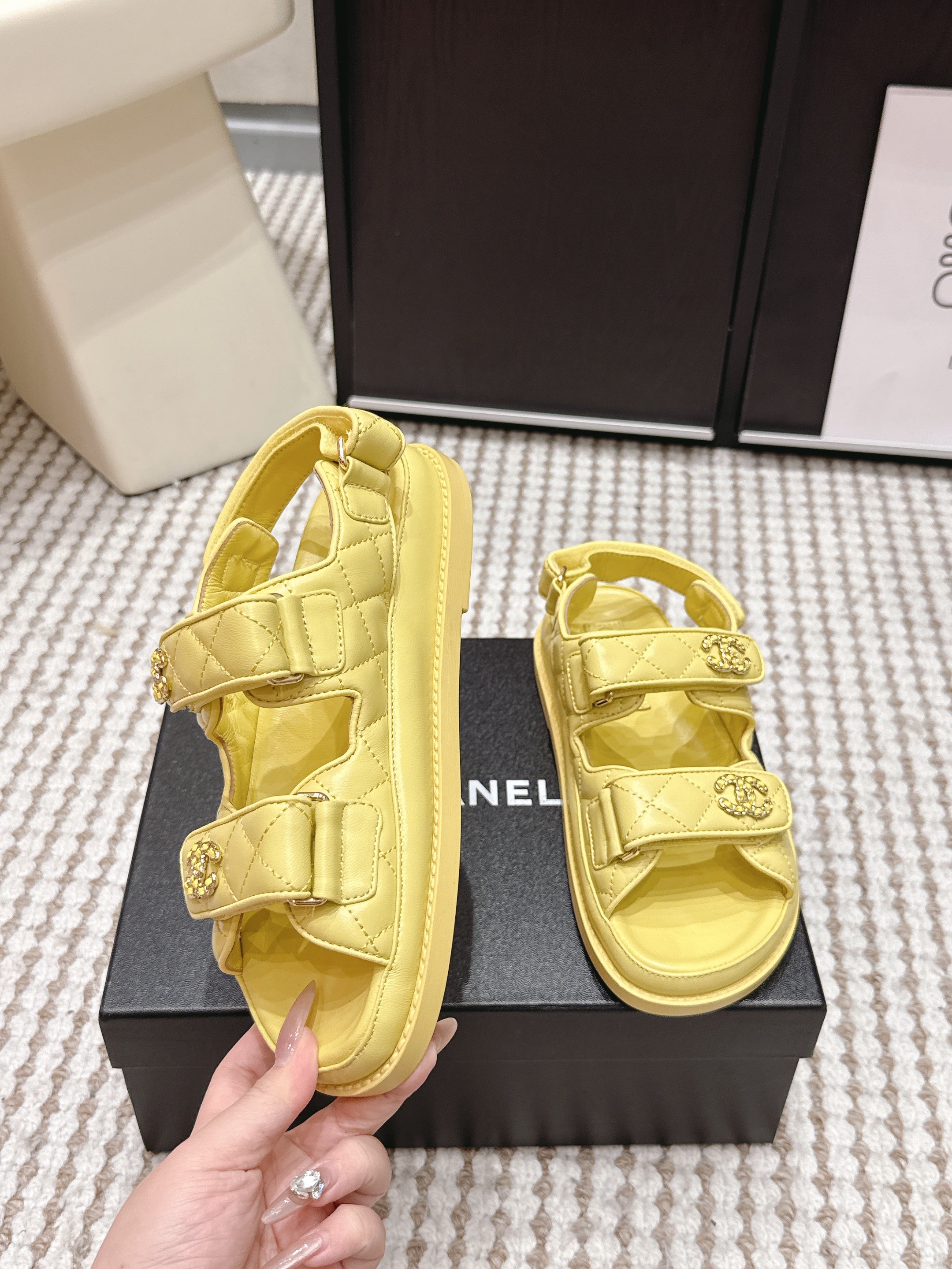 CHANEL 26S QUILTED DAD SANDALS IN YELLOW CALFSKIN