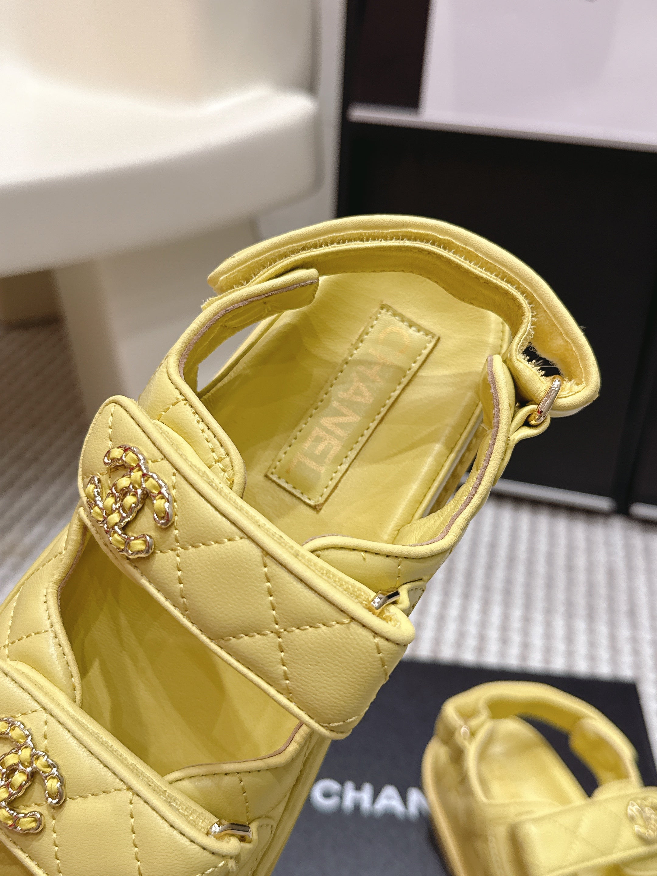CHANEL 26S QUILTED DAD SANDALS IN YELLOW CALFSKIN