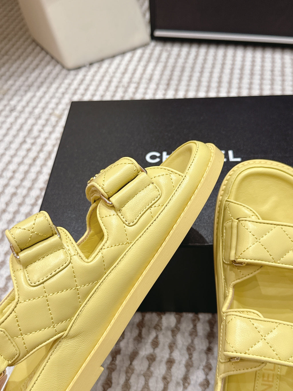 CHANEL 26S QUILTED DAD SANDALS IN YELLOW CALFSKIN