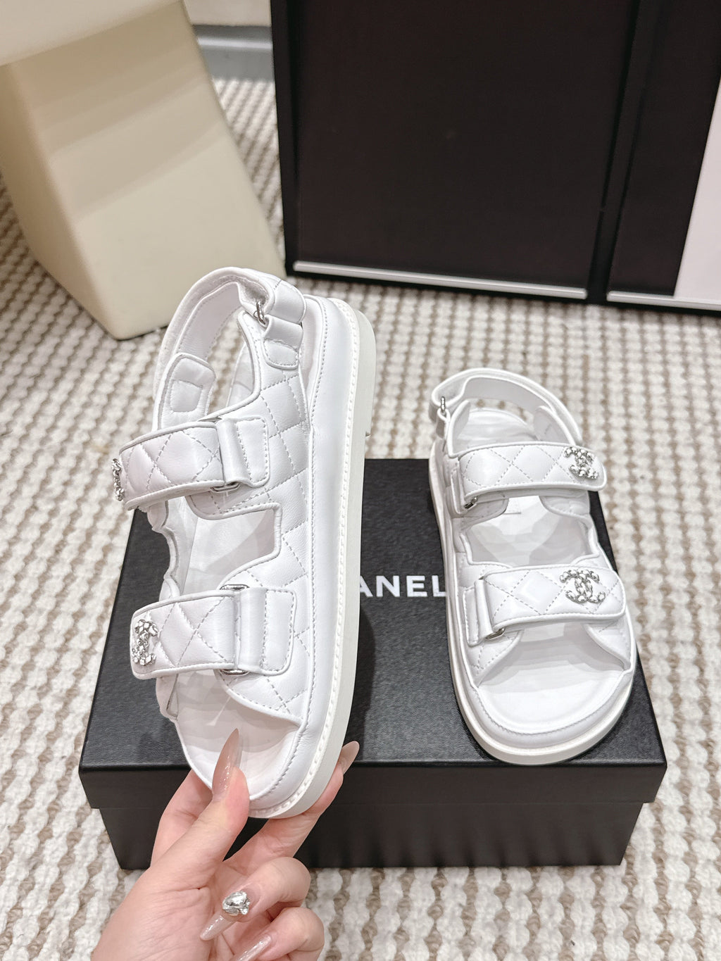 CHANEL 26S QUILTED DAD SANDALS IN WHITE CALFSKIN