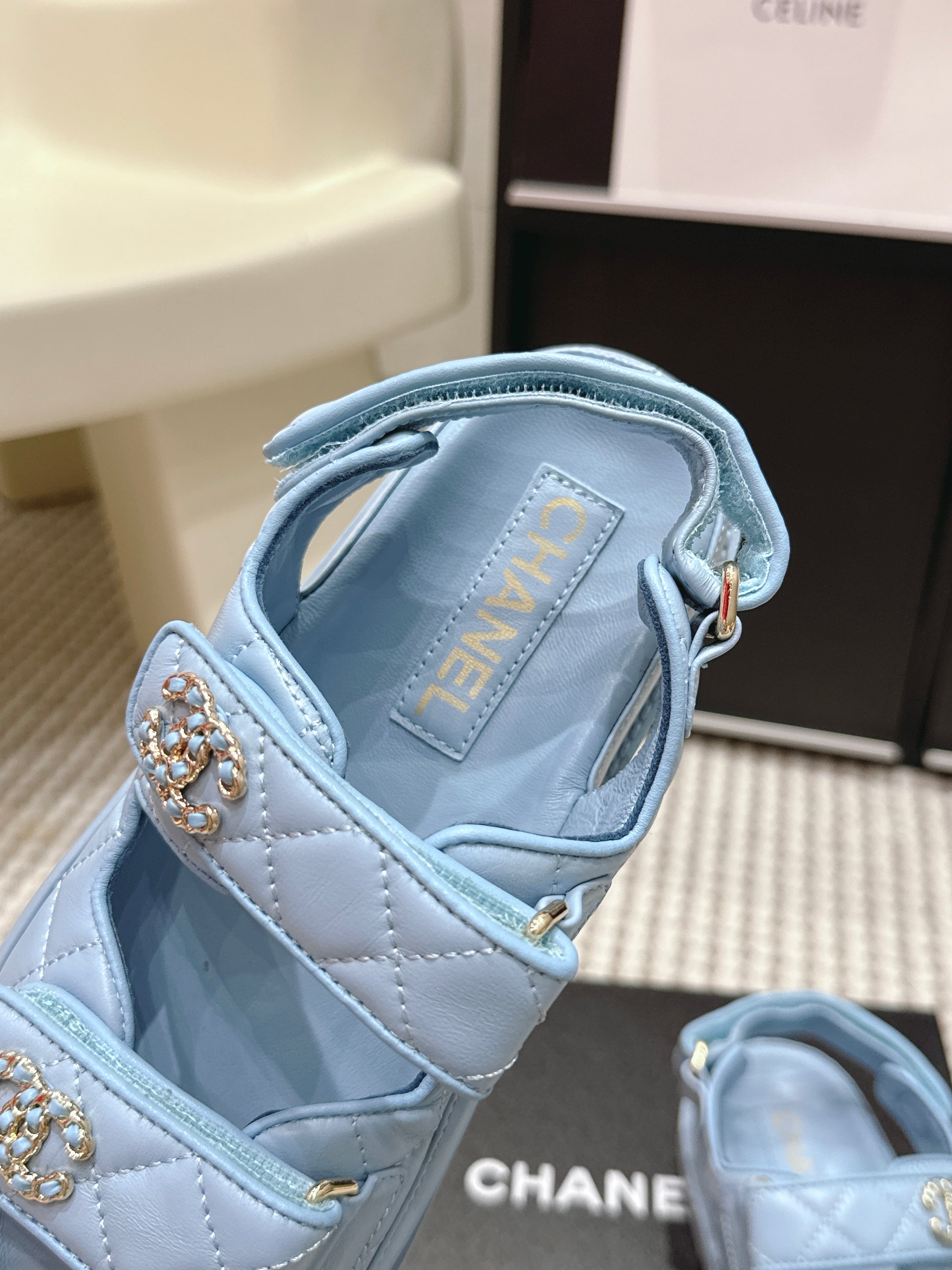 CHANEL 26S QUILTED DAD SANDALS IN LIGHT BLUE CALFSKIN