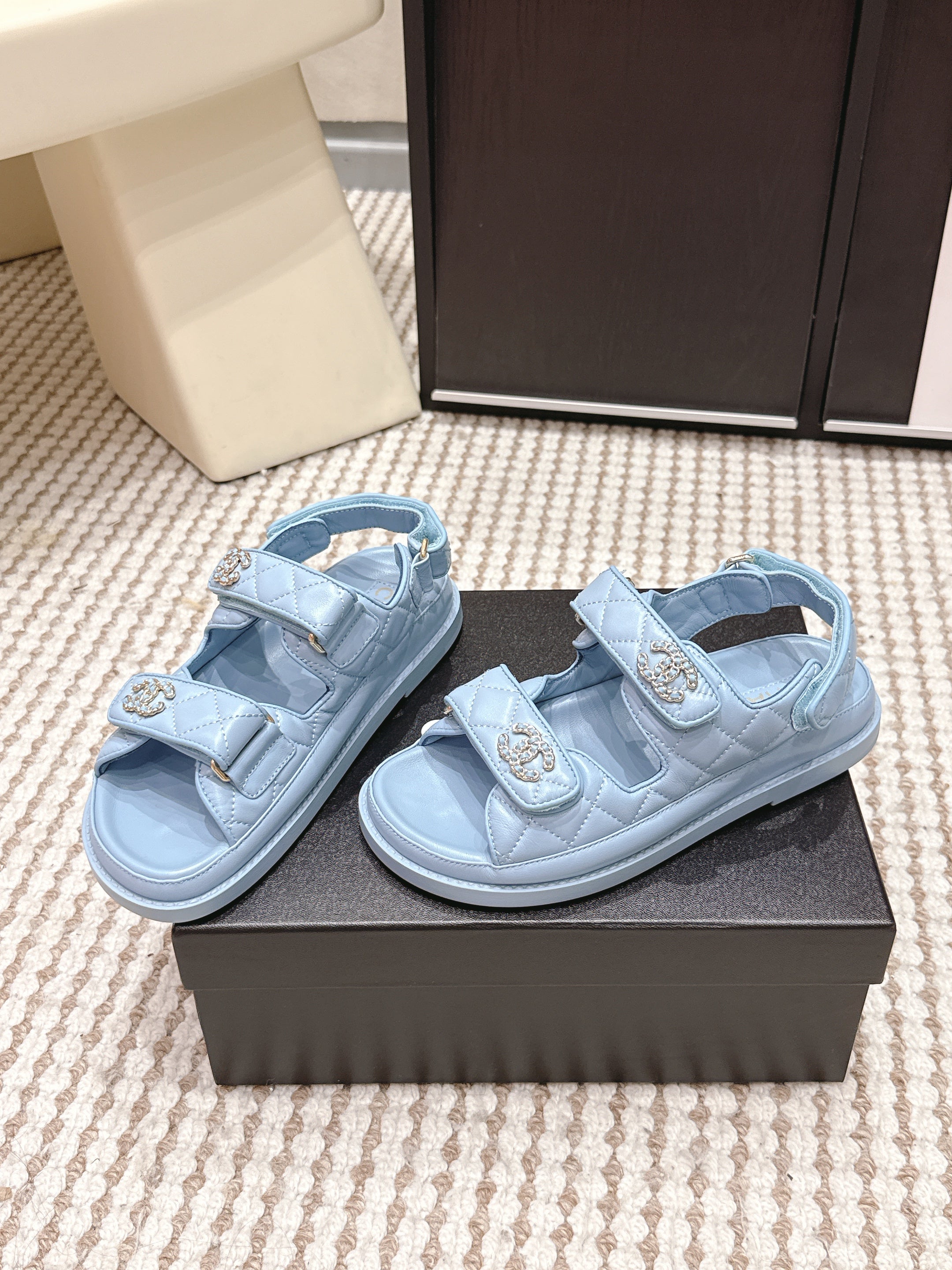 CHANEL 26S QUILTED DAD SANDALS IN LIGHT BLUE CALFSKIN