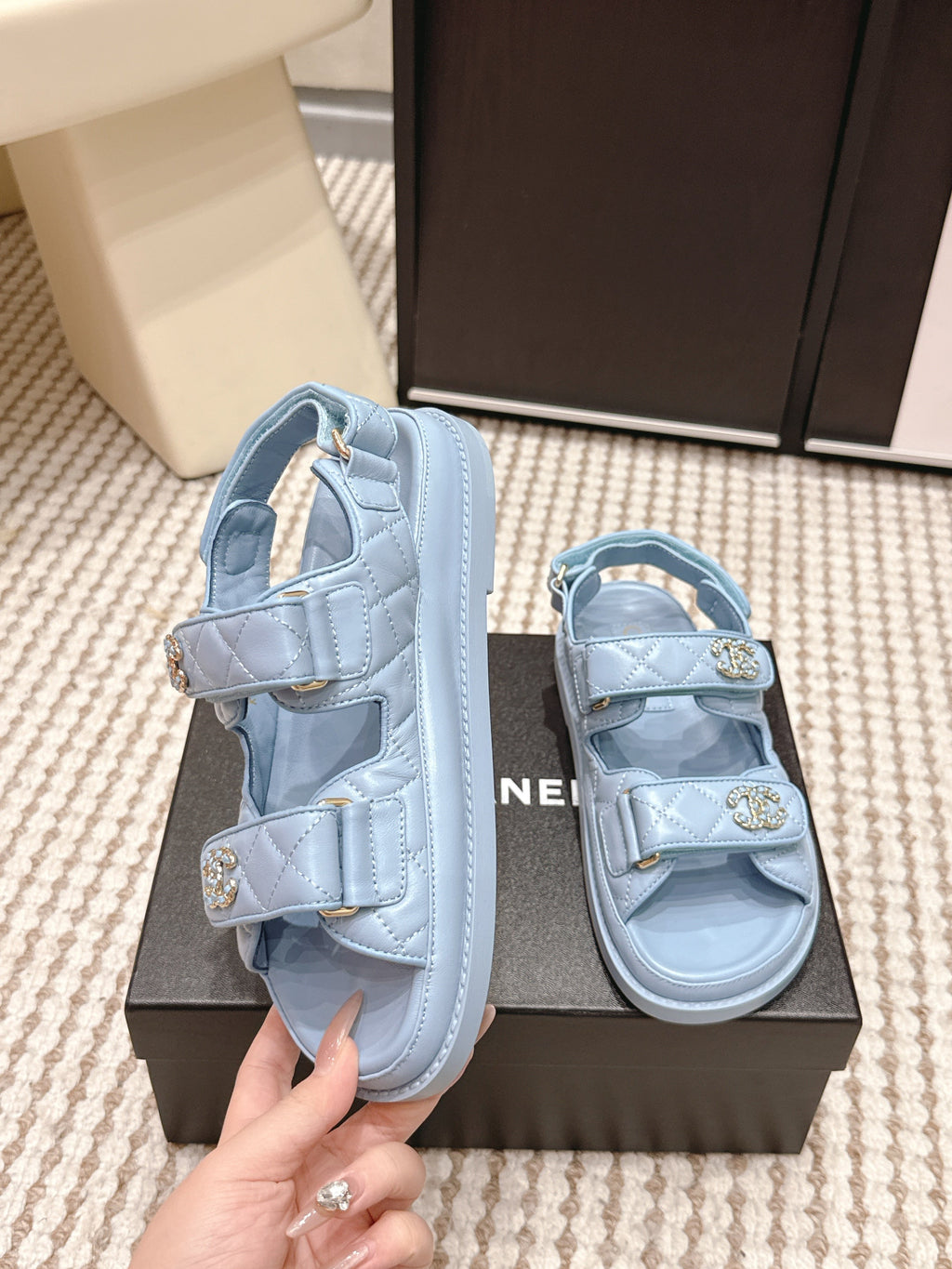 CHANEL 26S QUILTED DAD SANDALS IN LIGHT BLUE CALFSKIN