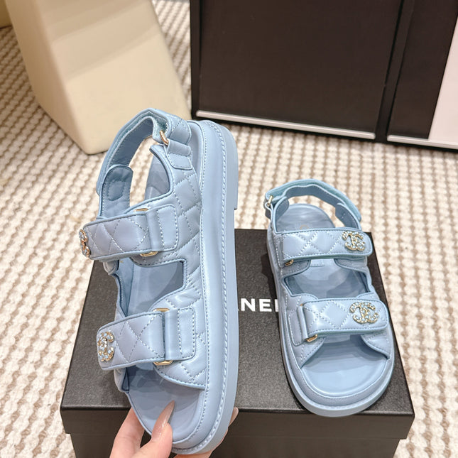CHANEL 26S QUILTED DAD SANDALS IN LIGHT BLUE CALFSKIN