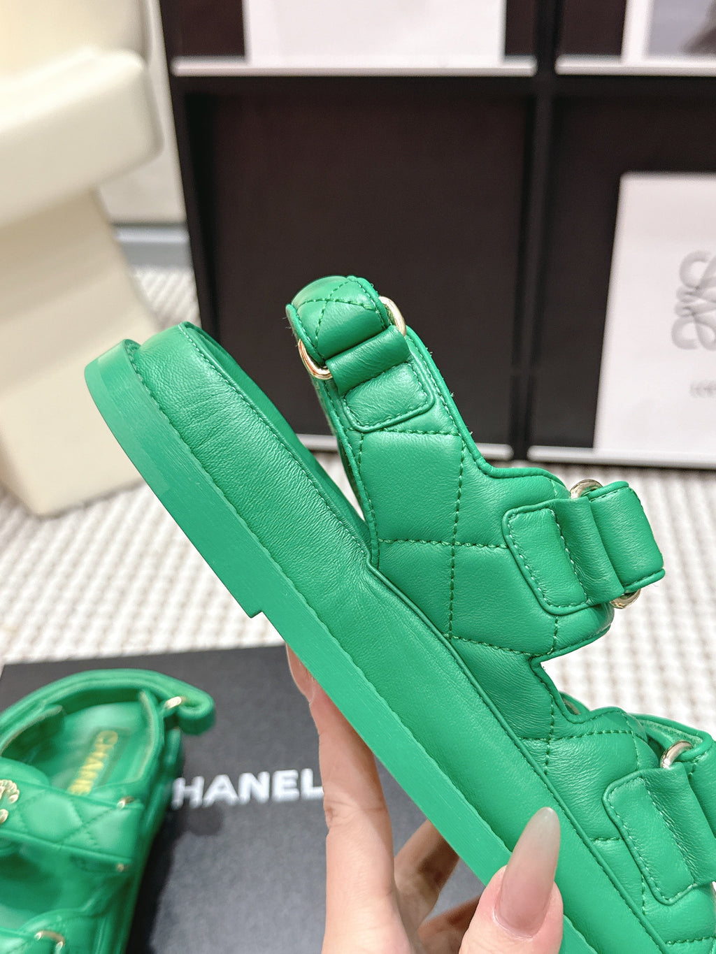 CHANEL 26S QUILTED DAD SANDALS IN GREEN CALFSKIN