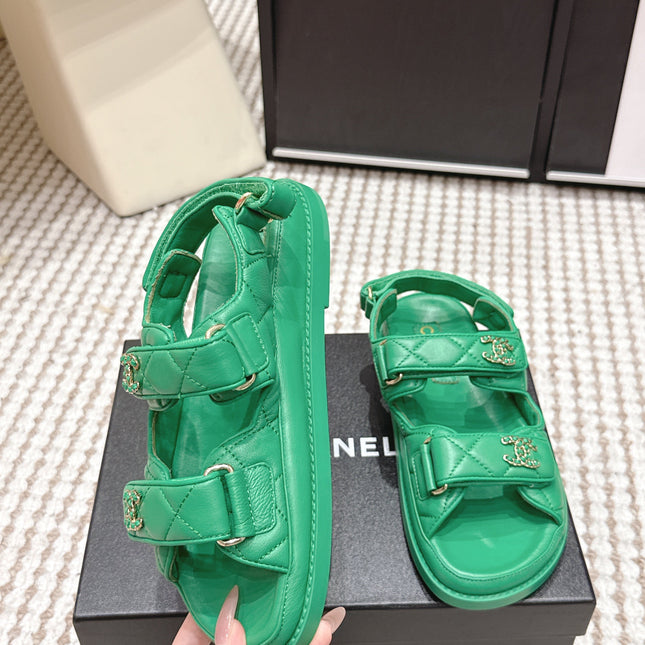 CHANEL 26S QUILTED DAD SANDALS IN GREEN CALFSKIN