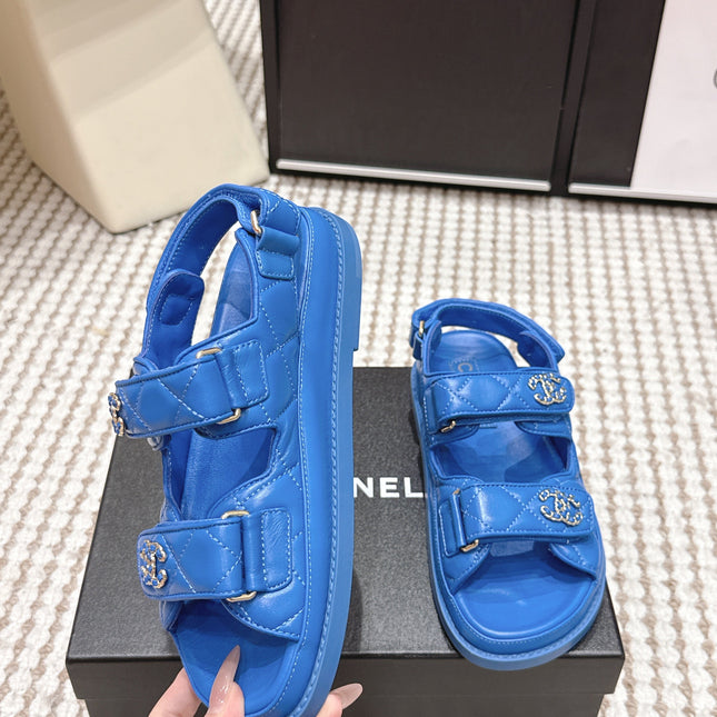 CHANEL 26S QUILTED DAD SANDALS IN BLUE CALFSKIN