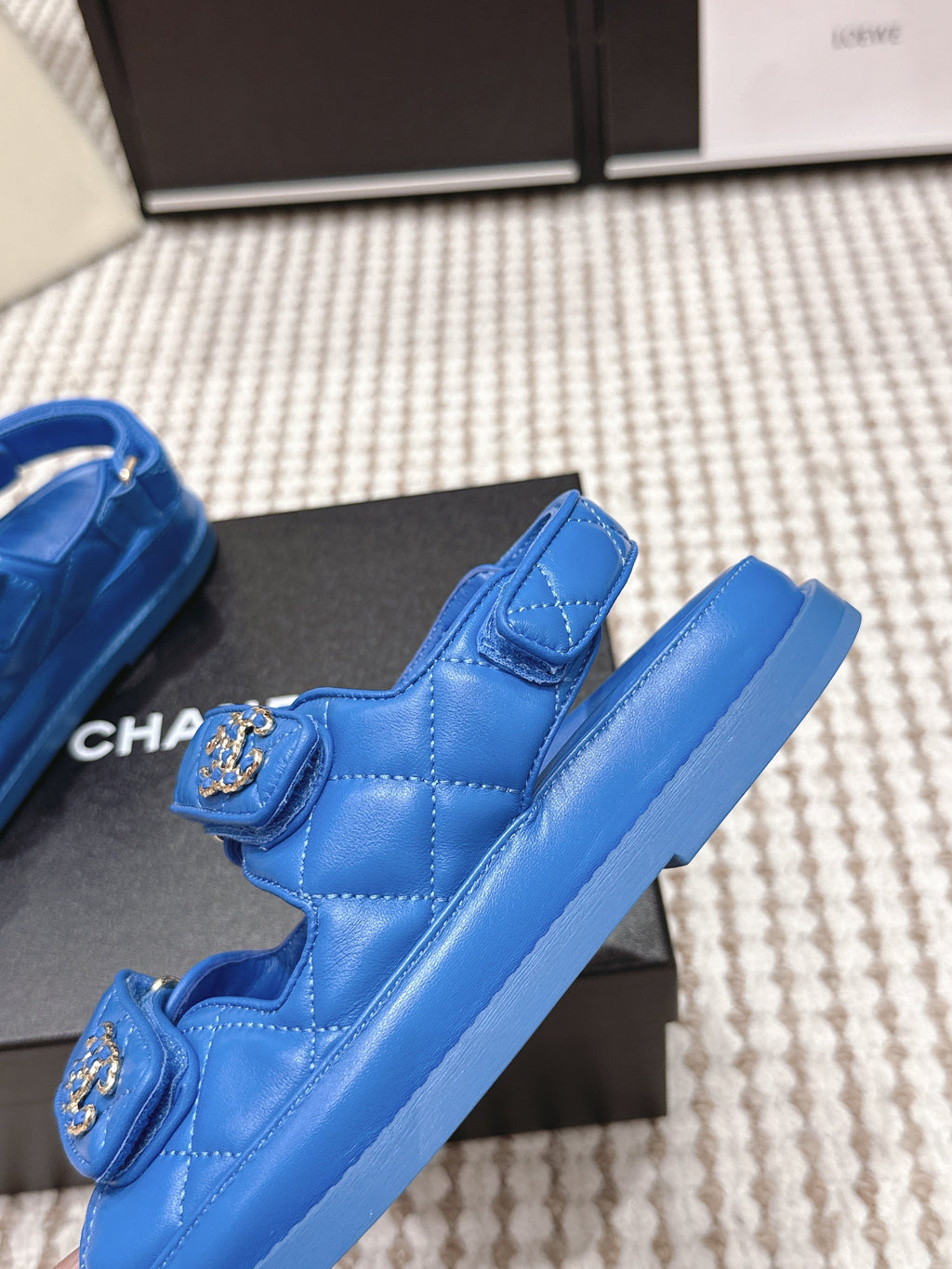 CHANEL 26S QUILTED DAD SANDALS IN BLUE CALFSKIN