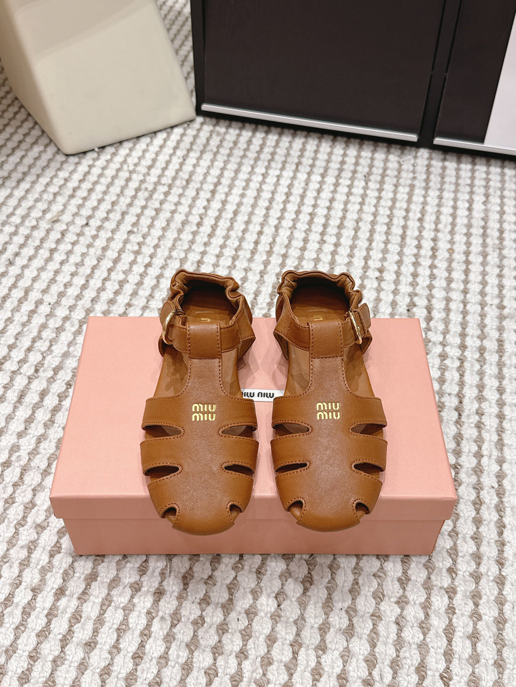 MIUMIU 26S RUCHES FISHERMAN SANDALS IN BROWN ORANGE CALFSKIN GOLD HARDWARE