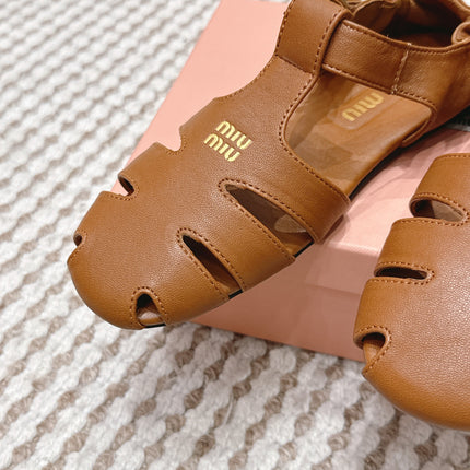 MIUMIU 26S RUCHES FISHERMAN SANDALS IN BROWN ORANGE CALFSKIN GOLD HARDWARE