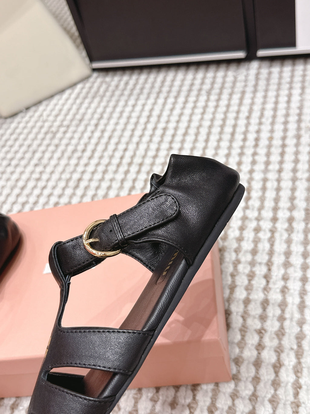 MIUMIU 26S RUCHES FISHERMAN SANDALS IN BLACK CALFSKIN GOLD HARDWARE