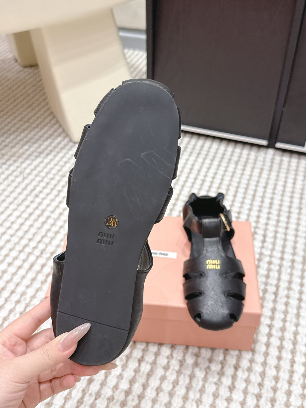 MIUMIU 26S RUCHES FISHERMAN SANDALS IN BLACK CALFSKIN GOLD HARDWARE