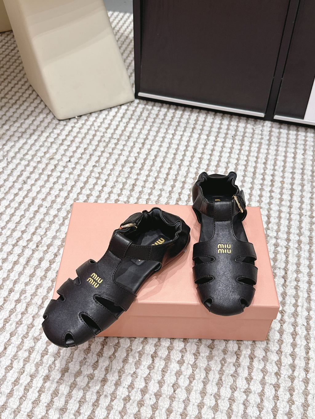 MIUMIU 26S RUCHES FISHERMAN SANDALS IN BLACK CALFSKIN GOLD HARDWARE
