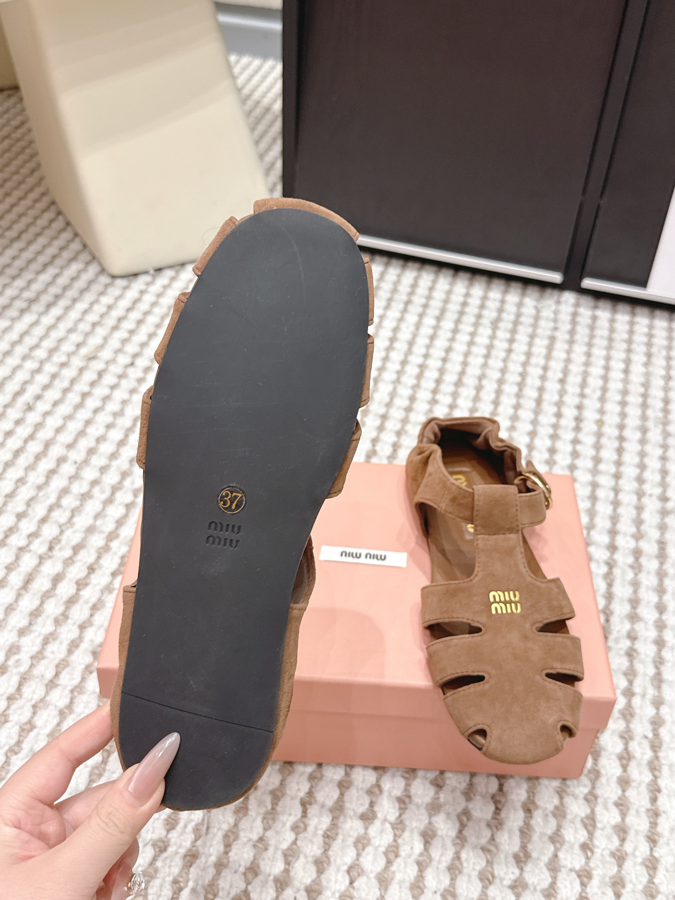 MIUMIU 26S RUCHES FISHERMAN SANDALS IN BROWN SUEDE GOLD HARDWARE