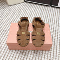 MIUMIU 26S RUCHES FISHERMAN SANDALS IN BROWN SUEDE GOLD HARDWARE