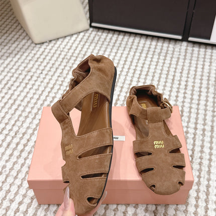 MIUMIU 26S RUCHES FISHERMAN SANDALS IN BROWN SUEDE GOLD HARDWARE