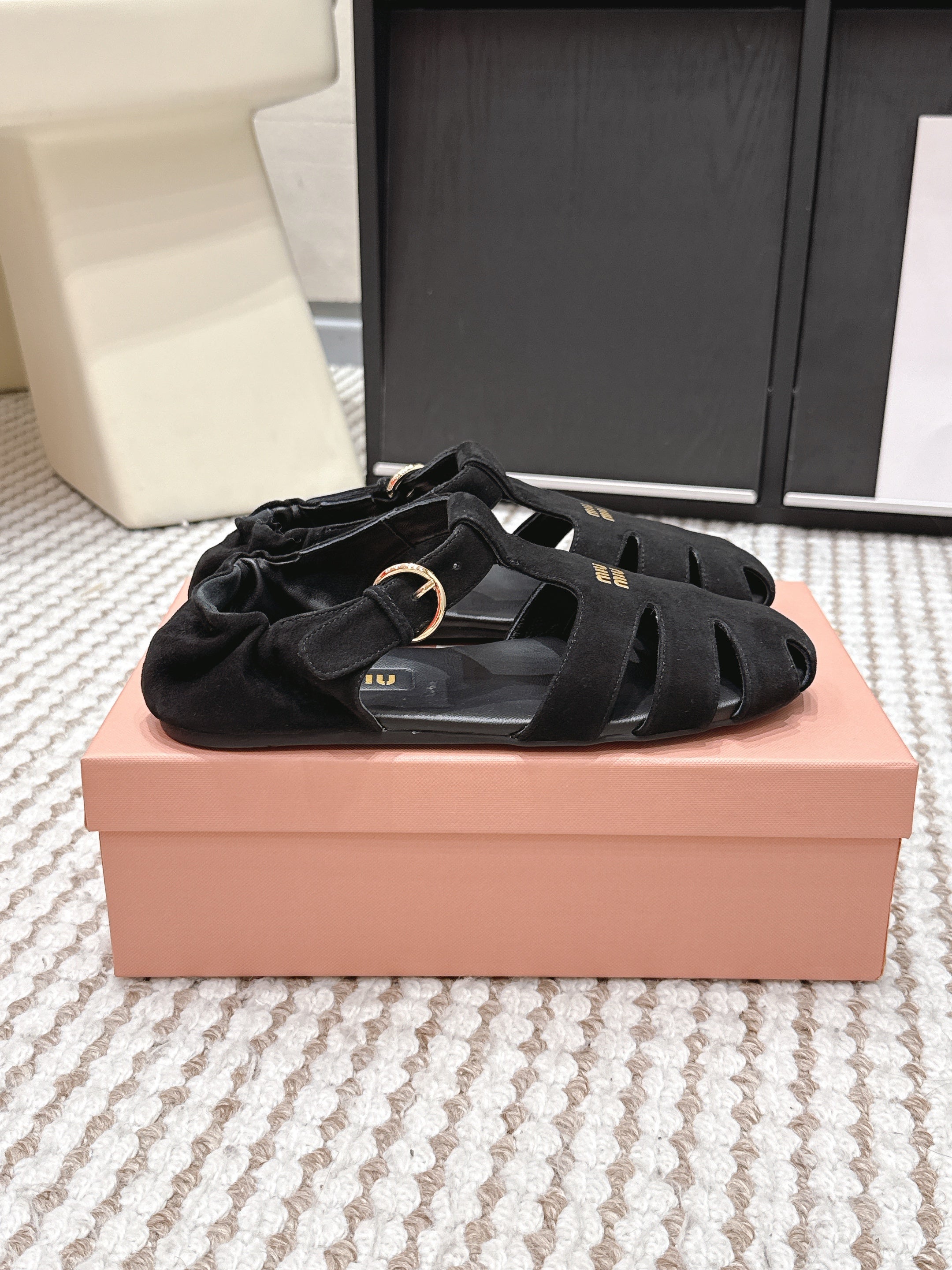 MIUMIU 26S RUCHES FISHERMAN SANDALS IN BLACK SUEDE GOLD HARDWARE