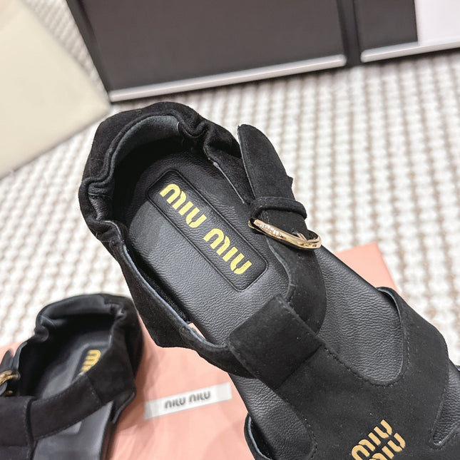 MIUMIU 26S RUCHES FISHERMAN SANDALS IN BLACK SUEDE GOLD HARDWARE