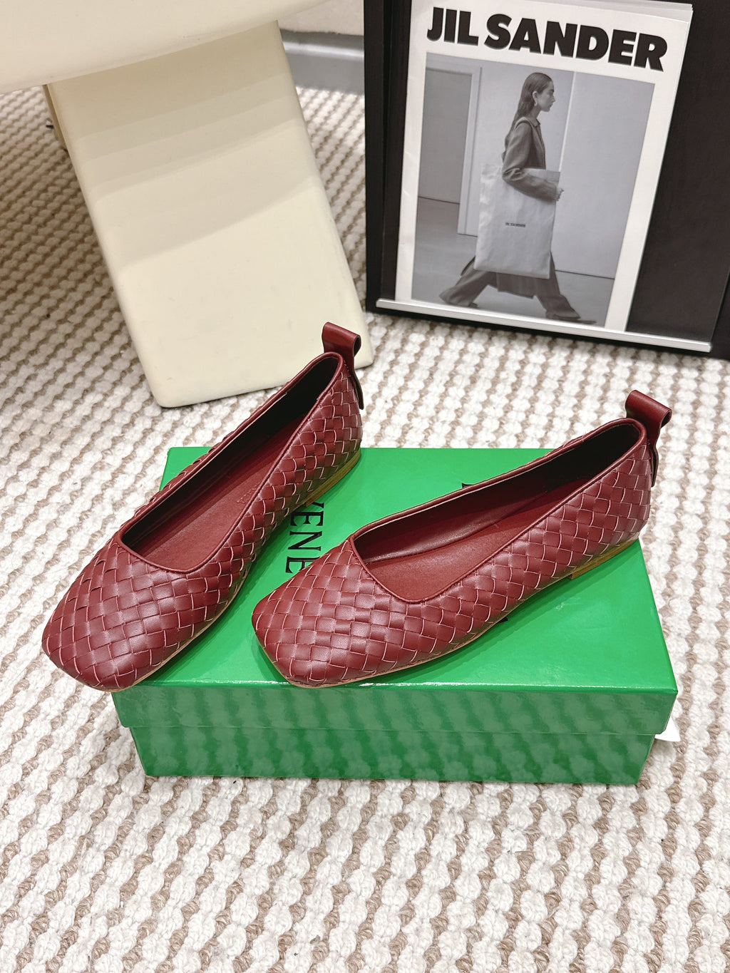 BOTTEGA VENETA 26S SQUARE-TOE FLATS IN RED TECHNICAL WOVEN LAMBSKIN