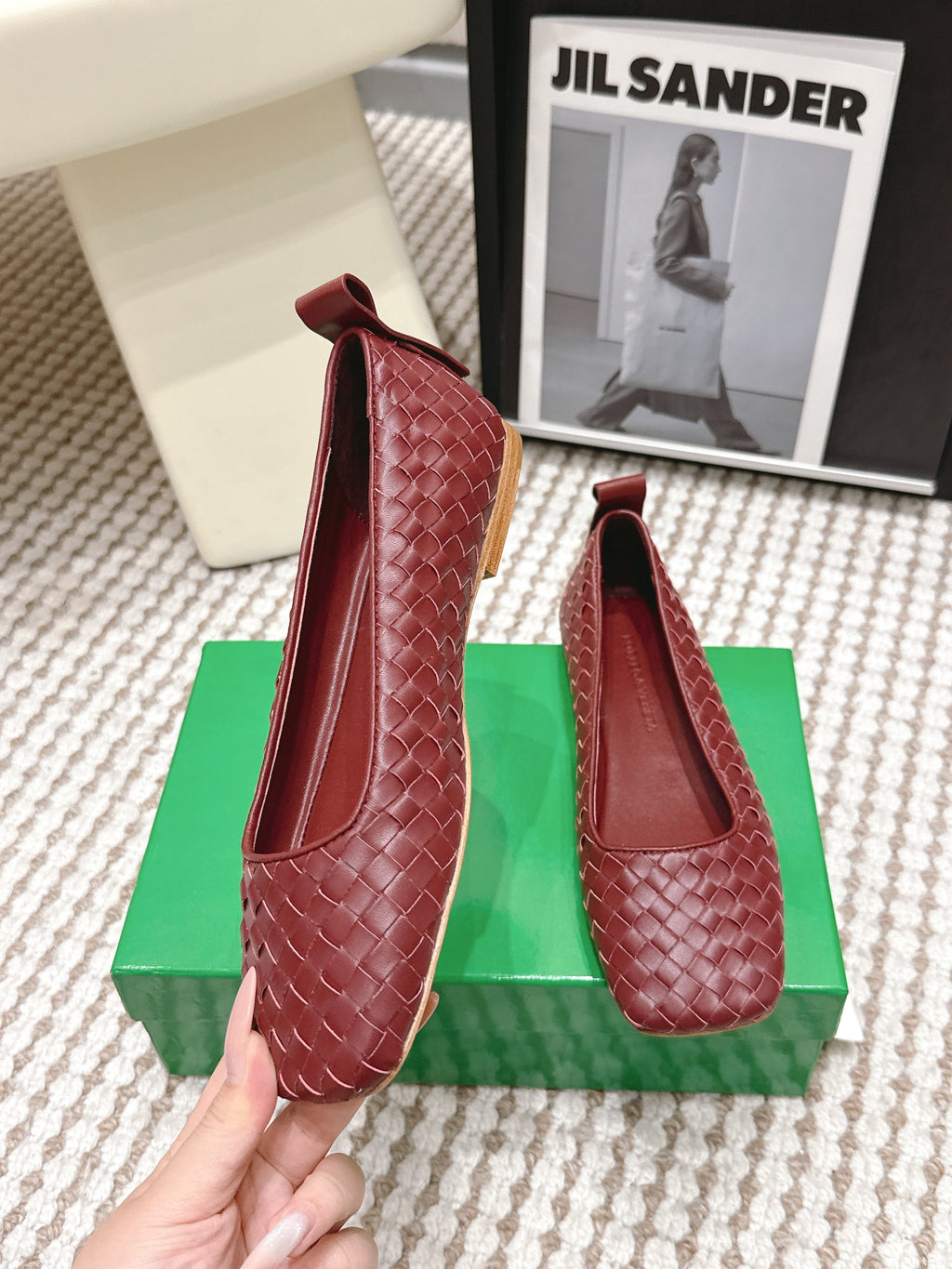 BOTTEGA VENETA 26S SQUARE-TOE FLATS IN RED TECHNICAL WOVEN LAMBSKIN