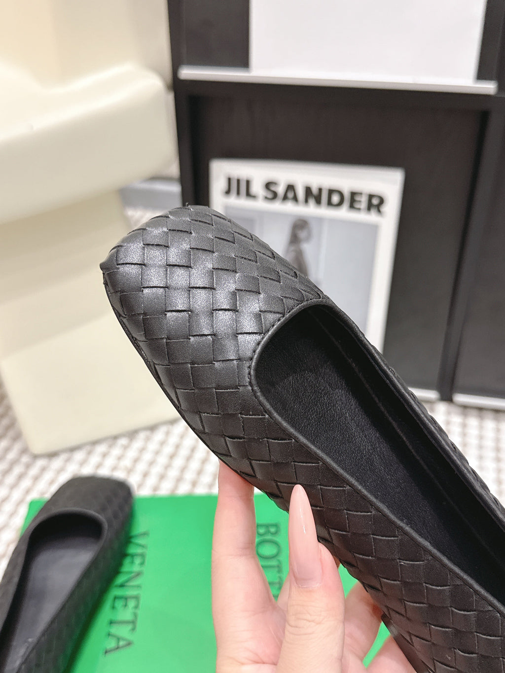 BOTTEGA VENETA 26S SQUARE-TOE FLATS IN BLACK TECHNICAL WOVEN LAMBSKIN