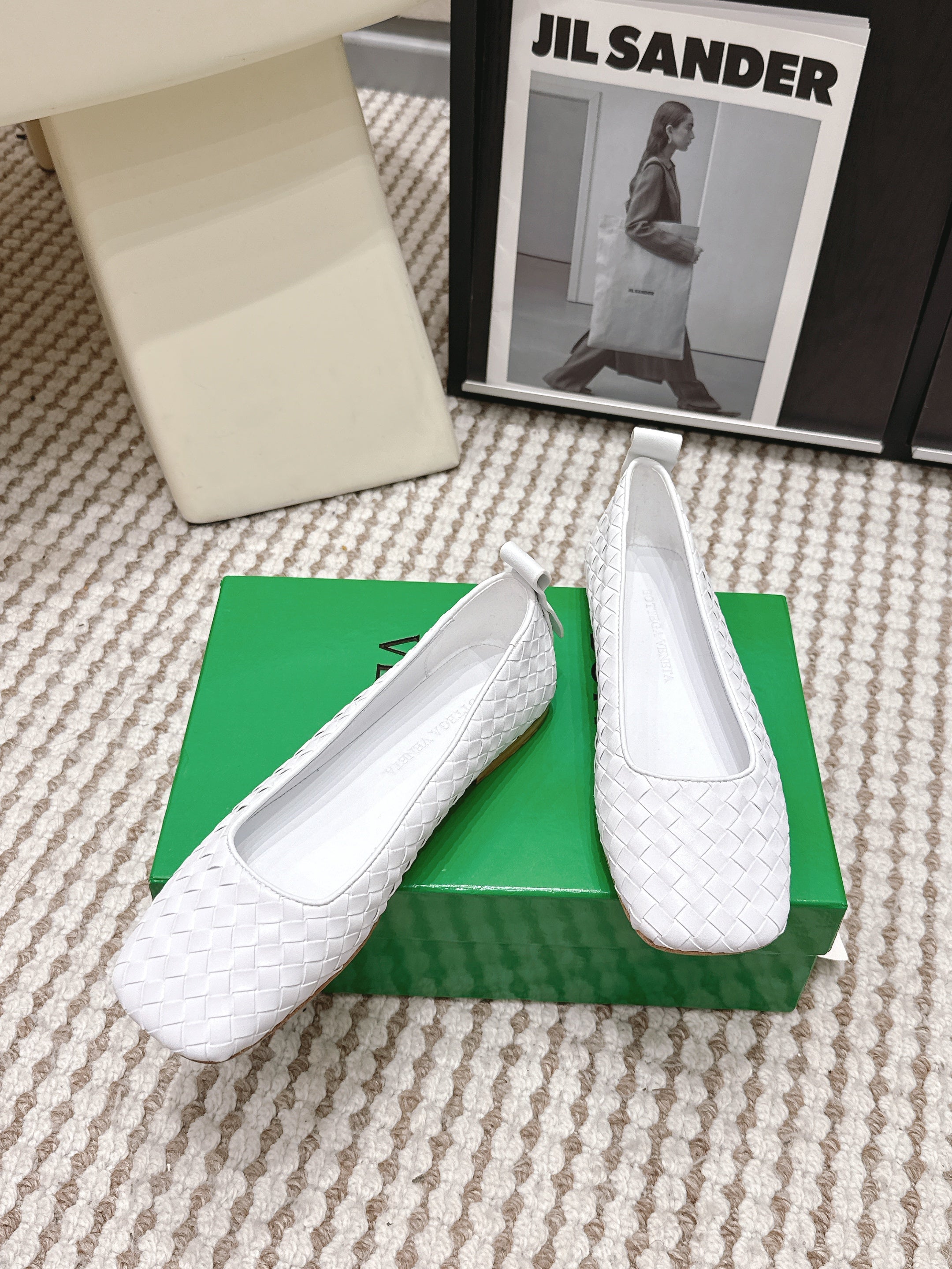 BOTTEGA VENETA 26S SQUARE-TOE FLATS IN WHITE TECHNICAL WOVEN LAMBSKIN