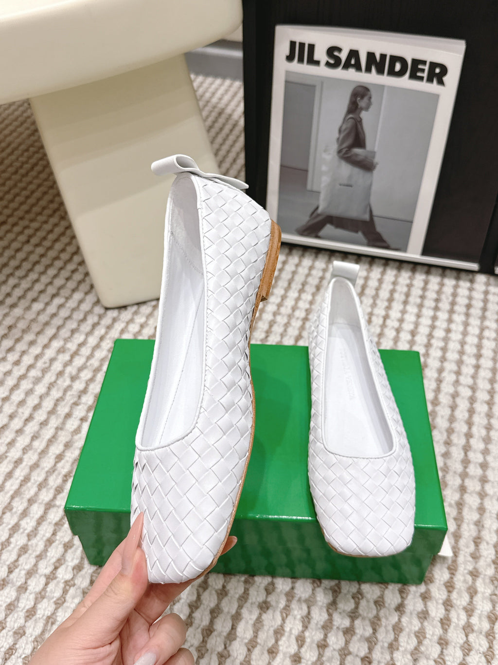 BOTTEGA VENETA 26S SQUARE-TOE FLATS IN WHITE TECHNICAL WOVEN LAMBSKIN