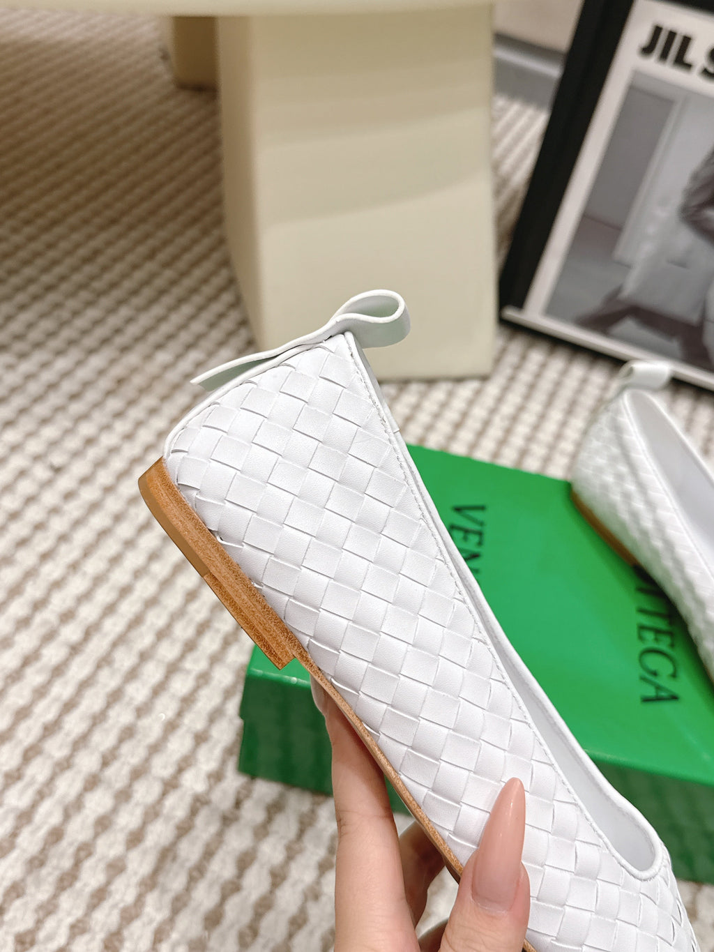 BOTTEGA VENETA 26S SQUARE-TOE FLATS IN WHITE TECHNICAL WOVEN LAMBSKIN