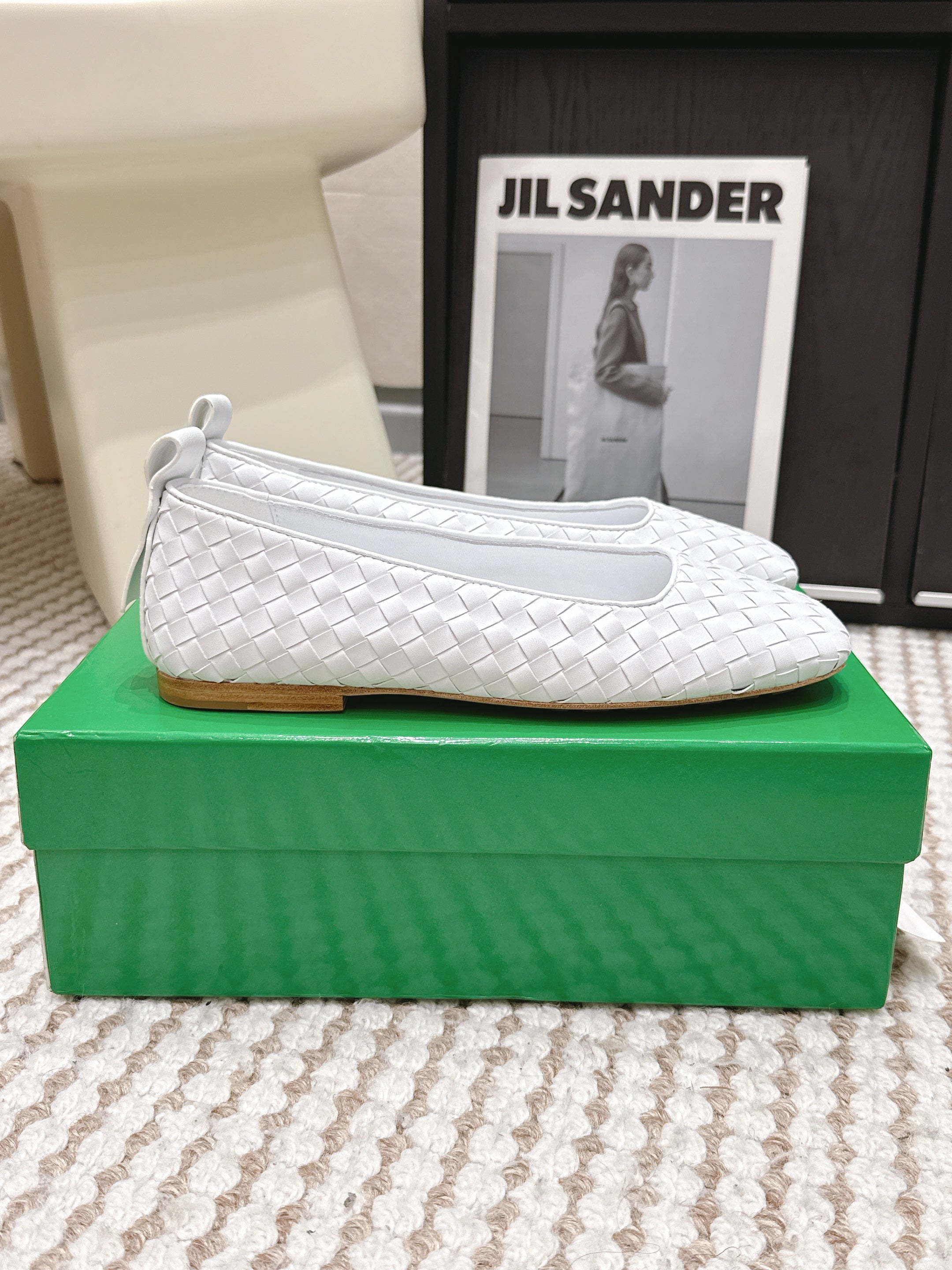 BOTTEGA VENETA 26S SQUARE-TOE FLATS IN WHITE TECHNICAL WOVEN LAMBSKIN
