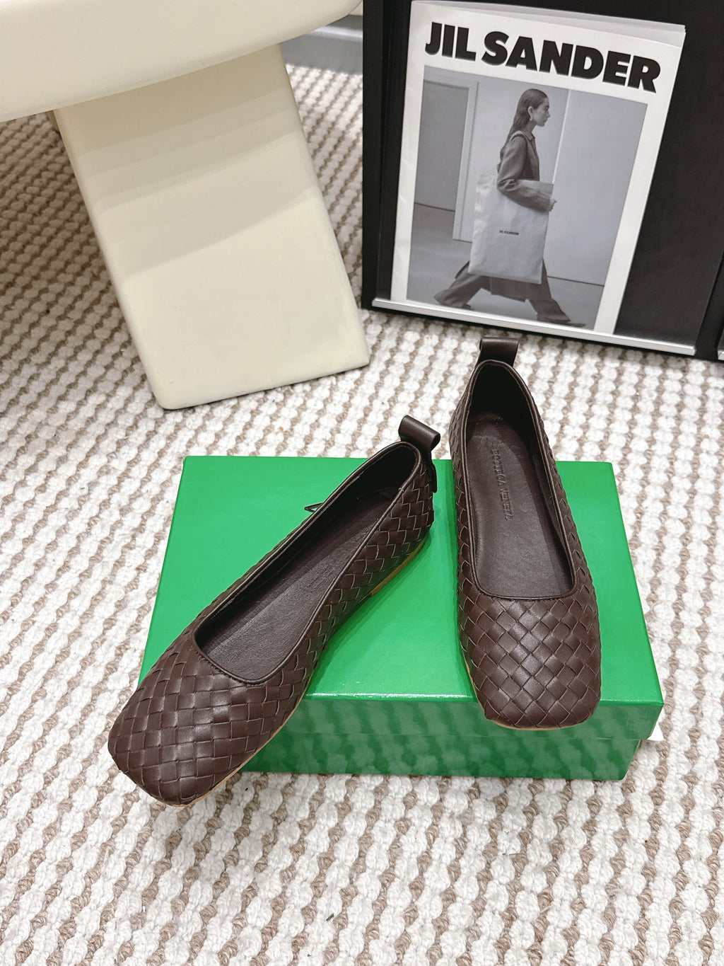 BOTTEGA VENETA 26S SQUARE-TOE FLATS IN DARK BROWN TECHNICAL WOVEN LAMBSKIN