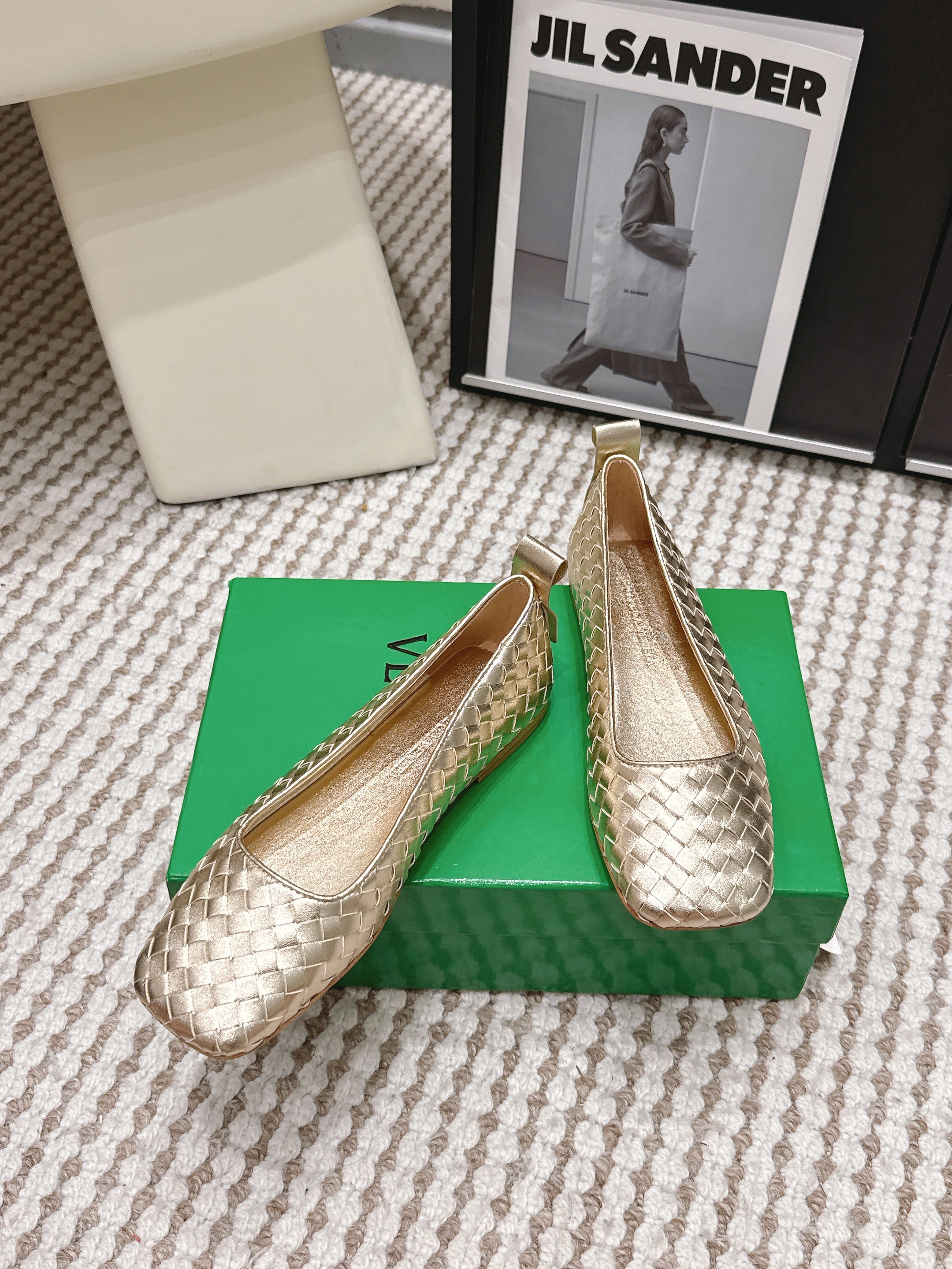 BOTTEGA VENETA 26S SQUARE-TOE FLATS IN LIGHT METALLIC GOLD TECHNICAL WOVEN LAMBSKIN
