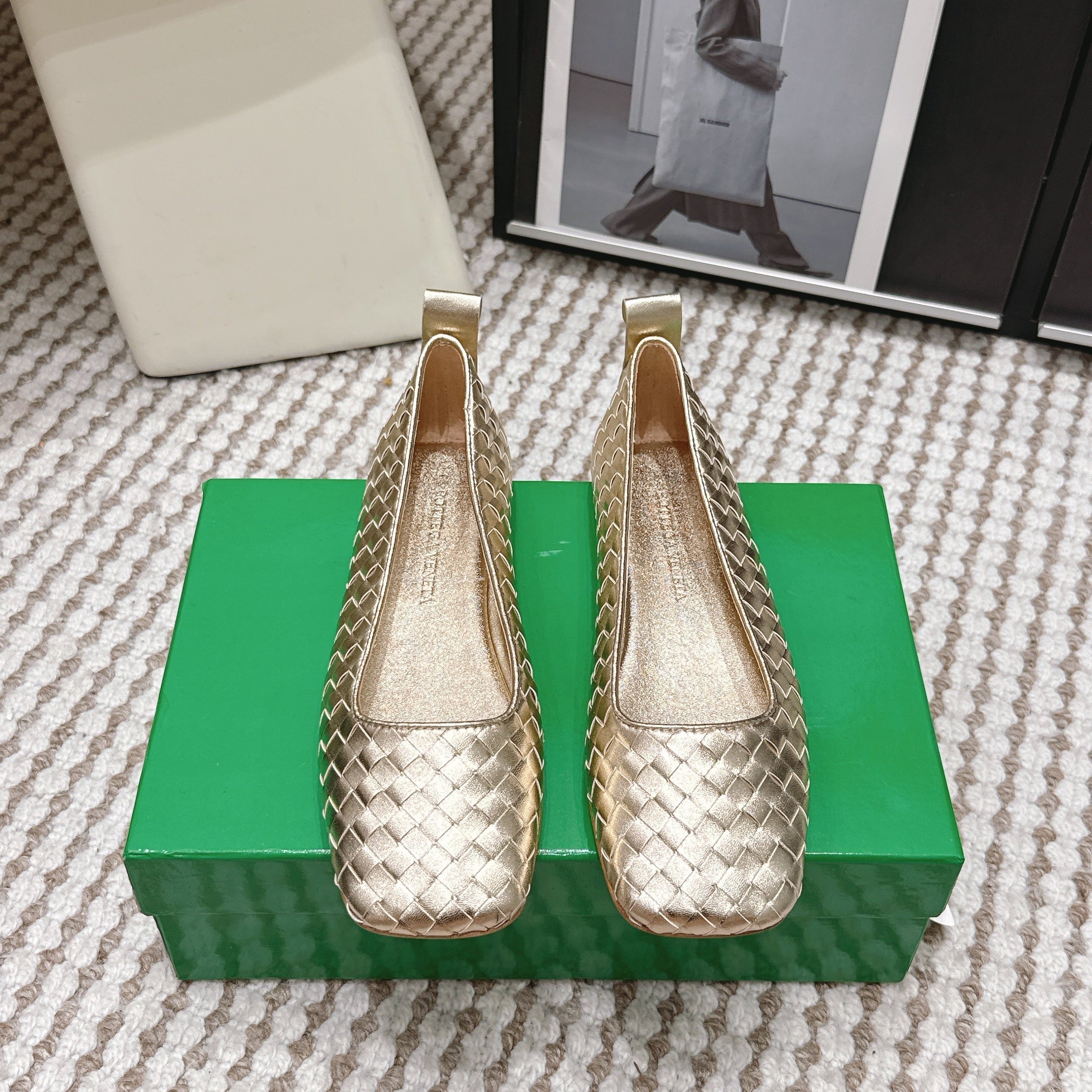 BOTTEGA VENETA 26S SQUARE-TOE FLATS IN LIGHT METALLIC GOLD TECHNICAL WOVEN LAMBSKIN