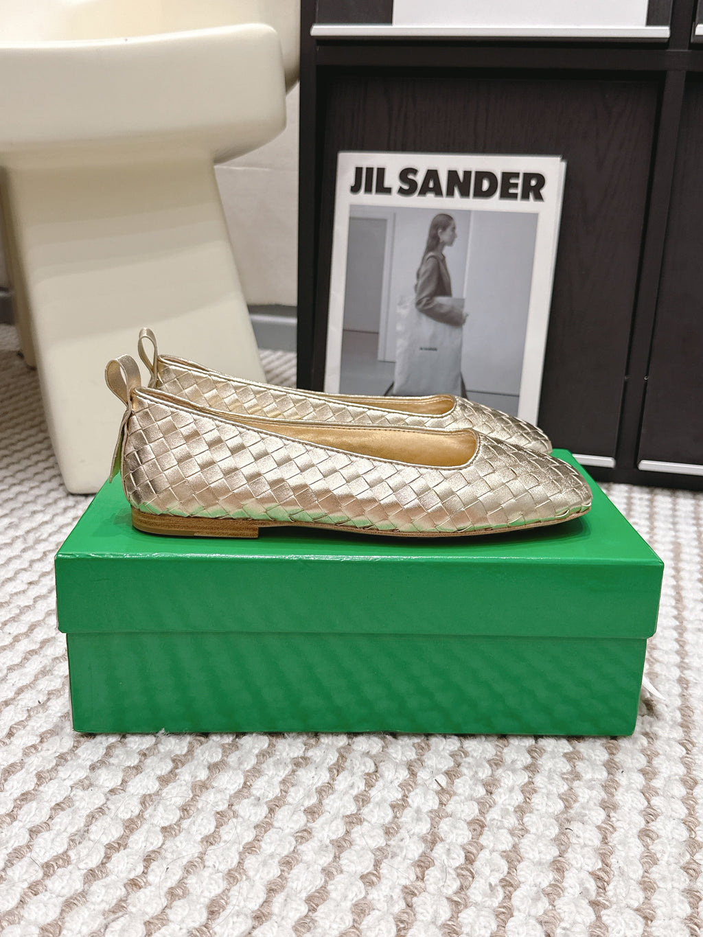 BOTTEGA VENETA 26S SQUARE-TOE FLATS IN LIGHT METALLIC GOLD TECHNICAL WOVEN LAMBSKIN