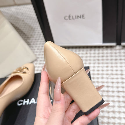 CHANEL 26S HIGH HEELS 75 MM IN BEIGE CALFSKIN WITH GOLD-TONE CC LOGO