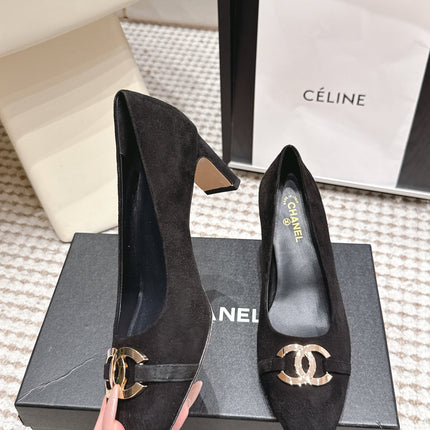 CHANEL 26S HIGH HEELS 75 MM IN BLACK SUEDE WITH GOLD-TONE CC LOGO