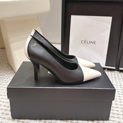 CHANEL 26S HIGH HEELS IN BLACK LAMBSKIN WITH WHITE CHEVRON-QUILTED TOE