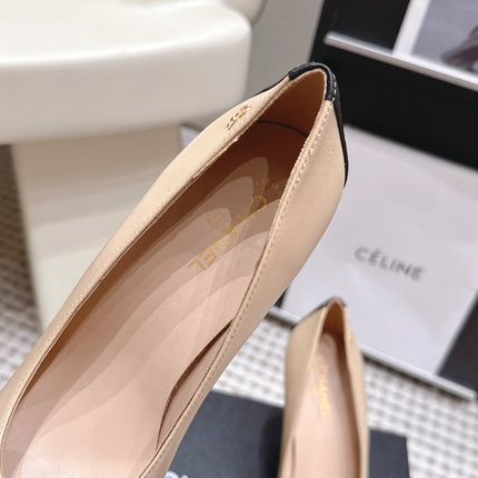 CHANEL 26S HIGH HEELS IN BEIGE LAMBSKIN WITH BLACK CHEVRON-QUILTED TOE