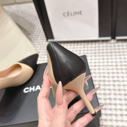 CHANEL 26S HIGH HEELS IN BEIGE LAMBSKIN WITH BLACK CHEVRON-QUILTED TOE
