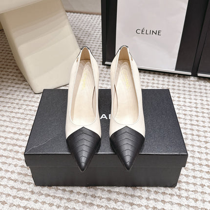 CHANEL 26S HIGH HEELS IN WHITE LAMBSKIN WITH BLACK CHEVRON-QUILTED TOE