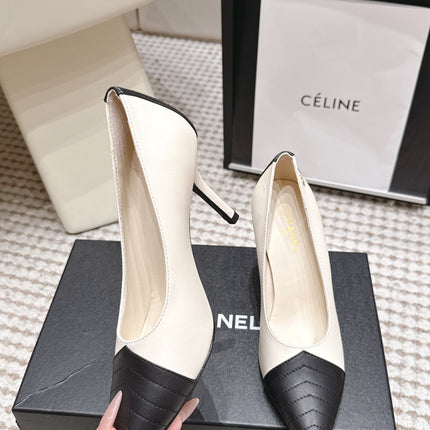 CHANEL 26S HIGH HEELS IN WHITE LAMBSKIN WITH BLACK CHEVRON-QUILTED TOE