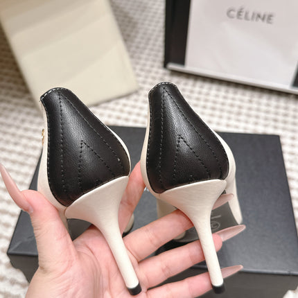 CHANEL 26S HIGH HEELS IN WHITE LAMBSKIN WITH BLACK CHEVRON-QUILTED TOE