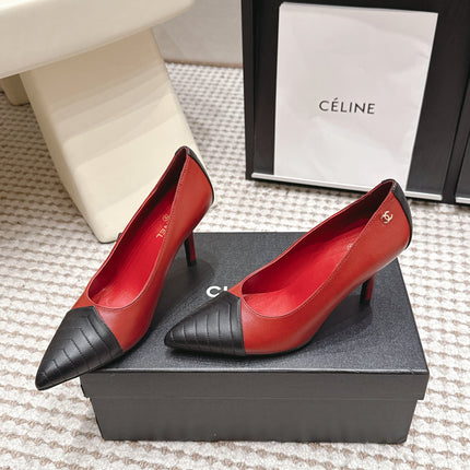 CHANEL 26S HIGH HEELS IN RED LAMBSKIN WITH BLACK CHEVRON-QUILTED TOE