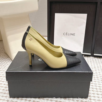 CHANEL 26S HIGH HEELS IN CREAM BEIGE LAMBSKIN WITH BLACK CHEVRON-QUILTED TOE