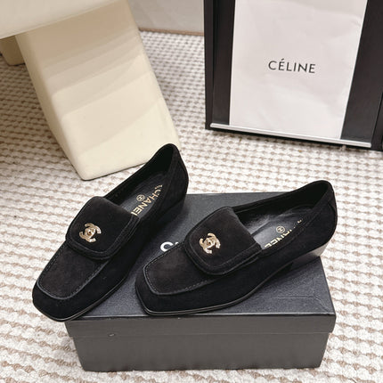 CHANEL 26S LOAFERS IN BLACK SUEDE WITH GOLD-TONE CC LOGO