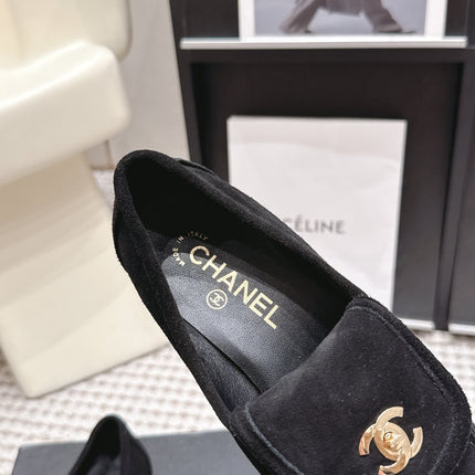 CHANEL 26S LOAFERS IN BLACK SUEDE WITH GOLD-TONE CC LOGO